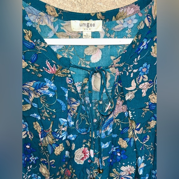 UMGEE Teal Floral Boho Babydoll Dress Size Large sleeveless - Picture 3 of 5